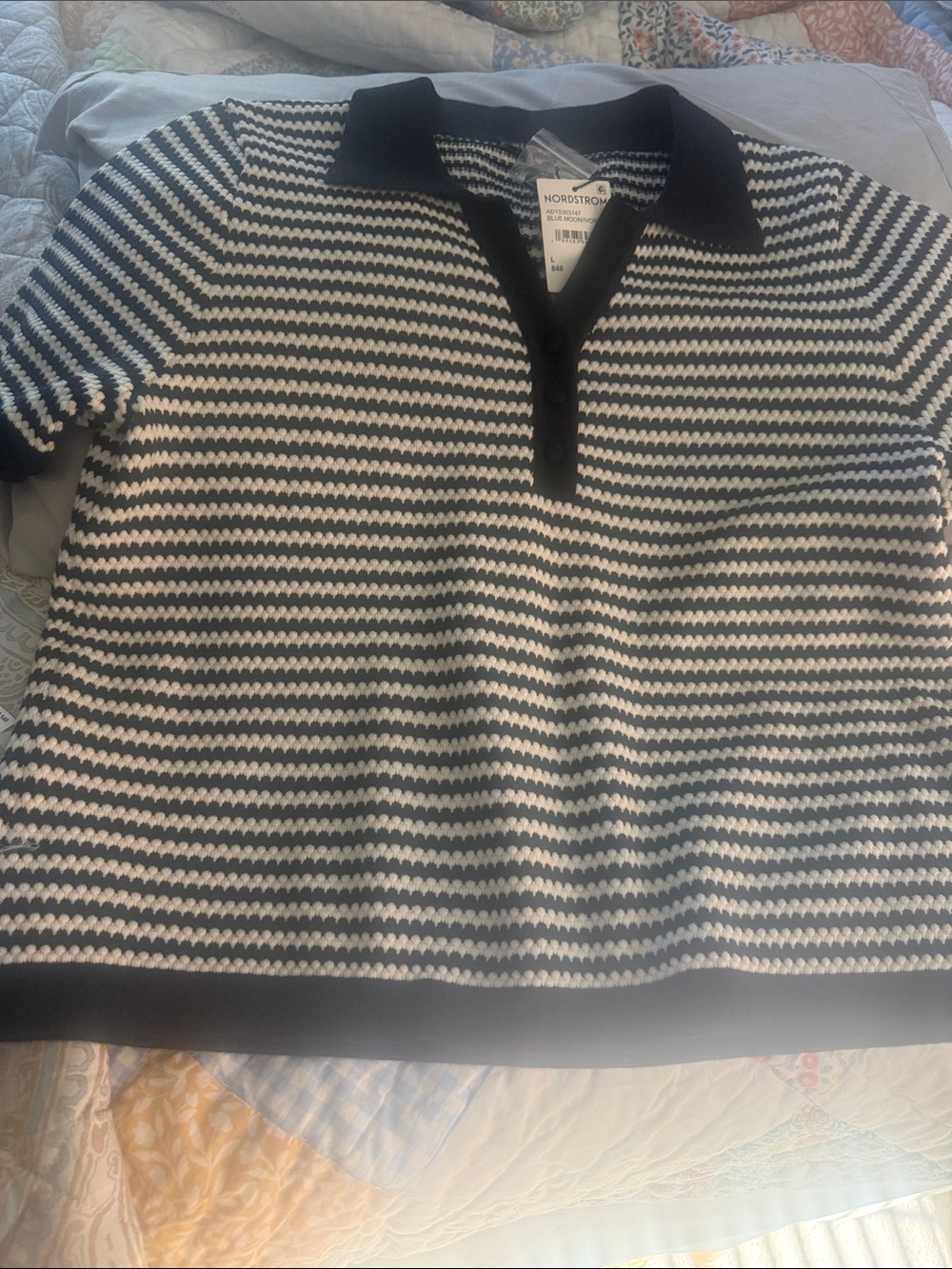 Adrianna Papell Black and White Striped Polo Knit Sweater